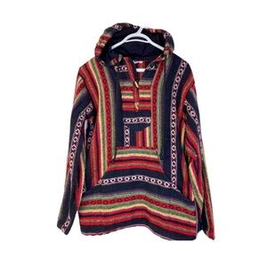 Vintage Hand Woven Baja Hoodie Multicolour Tapestry Wool Toggles Boho Hippie S